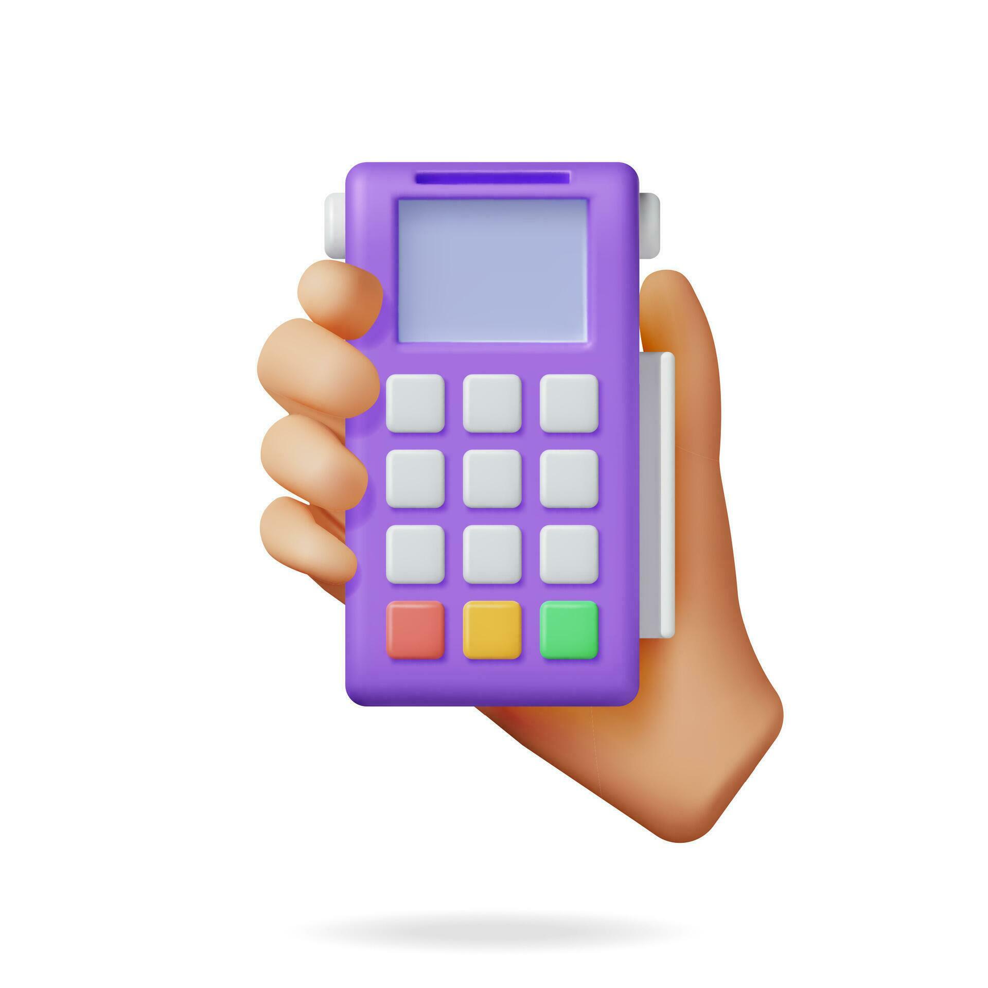 3D Payment Terminal in Hand Isolated. Render Hand Holding Modern POS