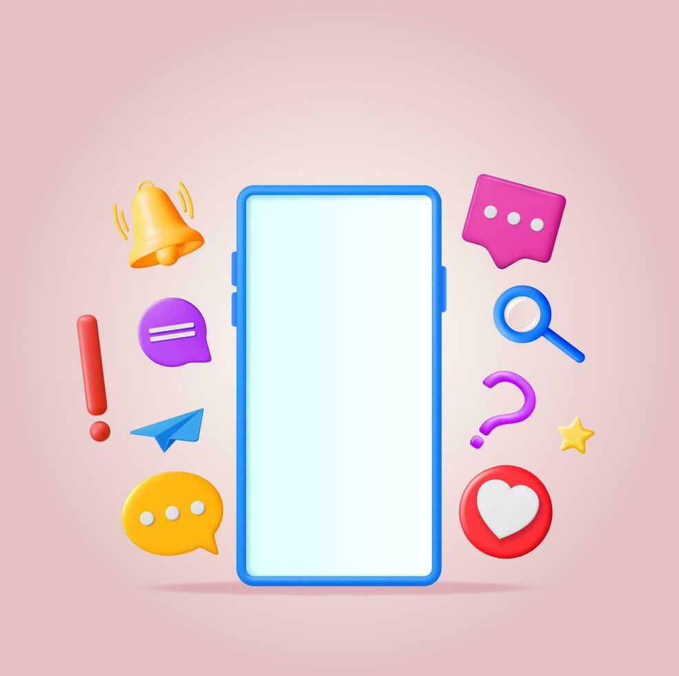 3D Social Media Concept Isolated. Render Smartphone with Colorful Social Network Icon. Chat Bubble, Like Button, Exclamation Question Mark, Notification Bell. Online Communication. Vector Illustration