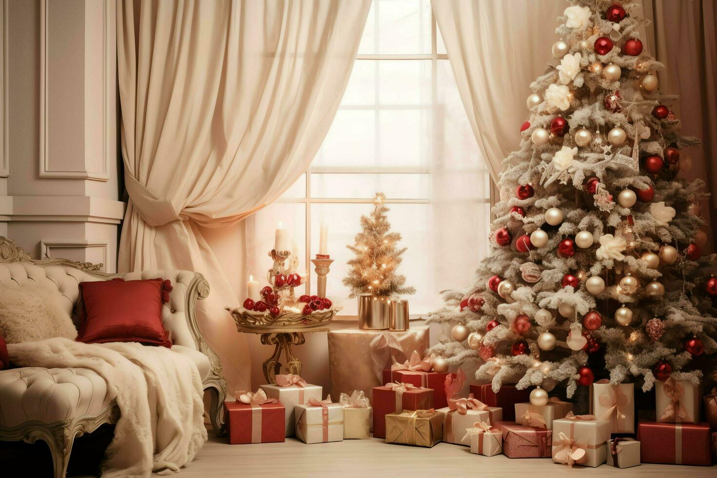 Cosy living room with beautiful christmas tree and red gifts in modern interior. Interior of living room decorated for merry christmas with socks, gift boxes and christmas accessories by AI Generated photo