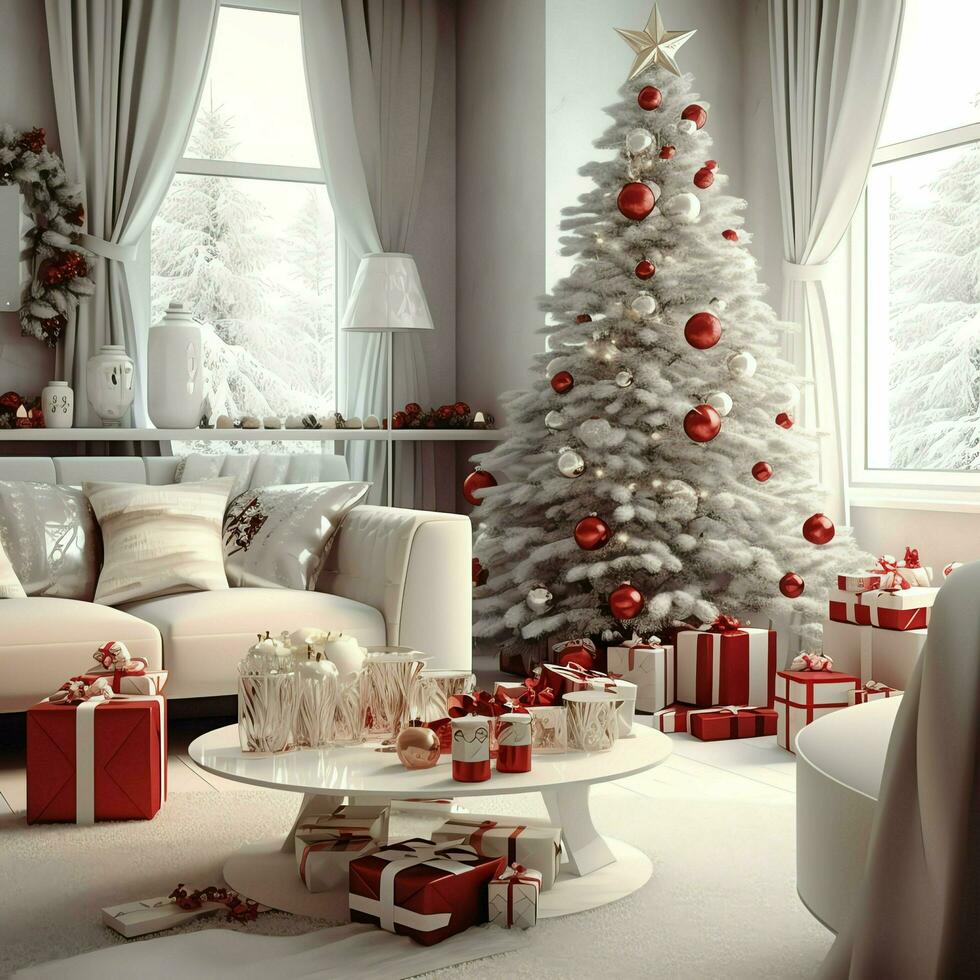 Cosy living room with beautiful christmas tree and red gifts in modern interior. Interior of living room decorated for merry christmas with socks, gift boxes and christmas accessories by AI Generated photo