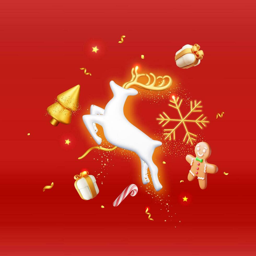 3d ciervo con dorado cuernos y Navidad árbol. hacer contento nuevo año decoración bandera. alegre Navidad día festivo. nuevo año y Navidad celebracion. realista vector ilustración
