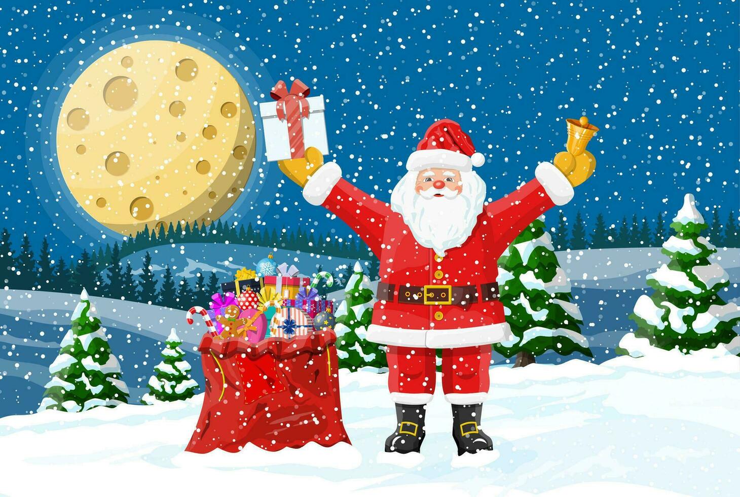 Navidad antecedentes. Papa Noel claus con bolso con regalos. invierno paisaje con abeto arboles bosque y nevando contento nuevo año celebracion. nuevo año Navidad día festivo. vector ilustración plano estilo