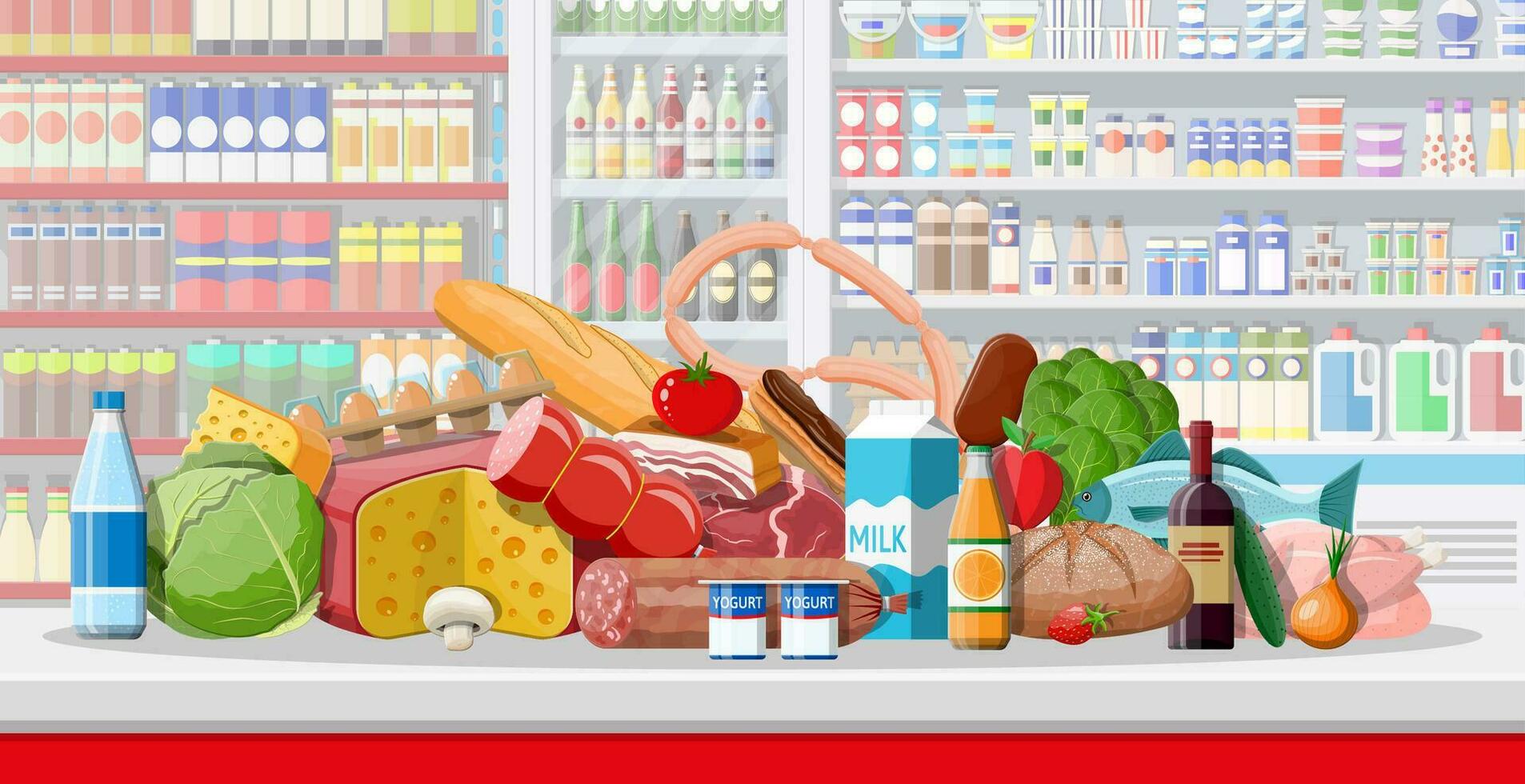 Supermarket store interior with goods. Big shopping mall. Interior store inside. Checkout counter, grocery, drinks, food, fruits, dairy products. Vector illustration in flat style