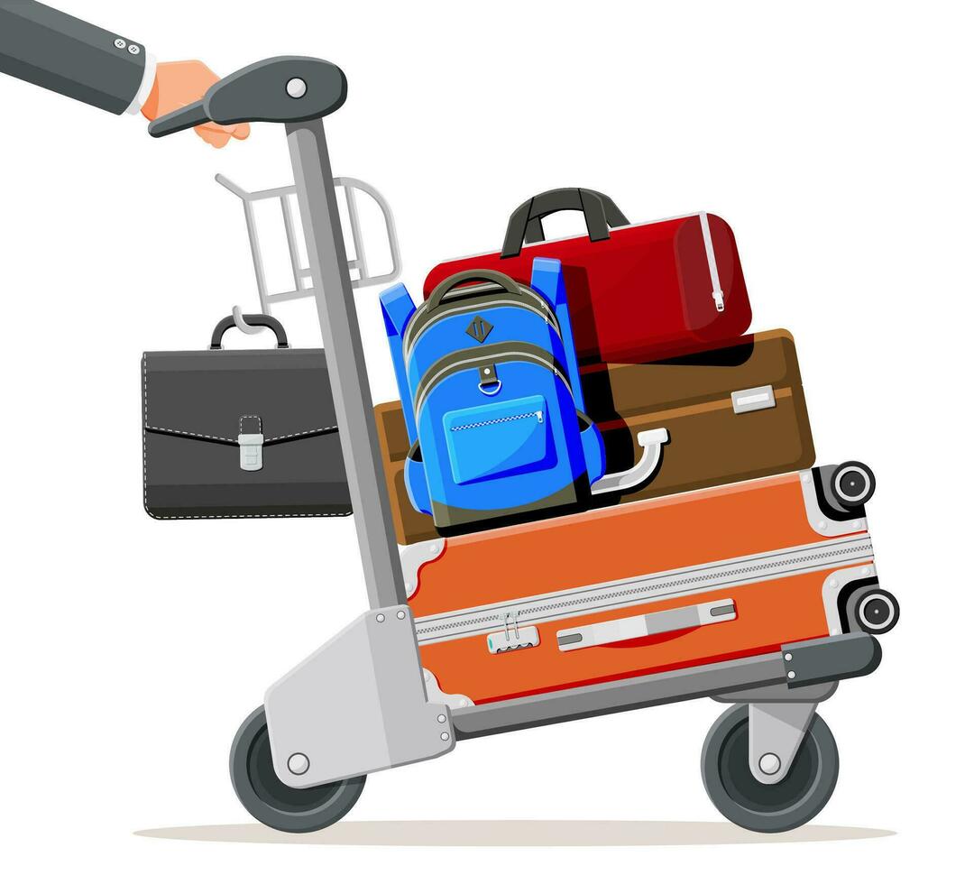 Hand Truck Full Of Bags Isolated On White Background. Metal Airport Luggage Trolley Icon. Hand Cart. Handcart For Baggage Or Shopping. Transportation Equipment. Cartoon Flat Vector Illustration