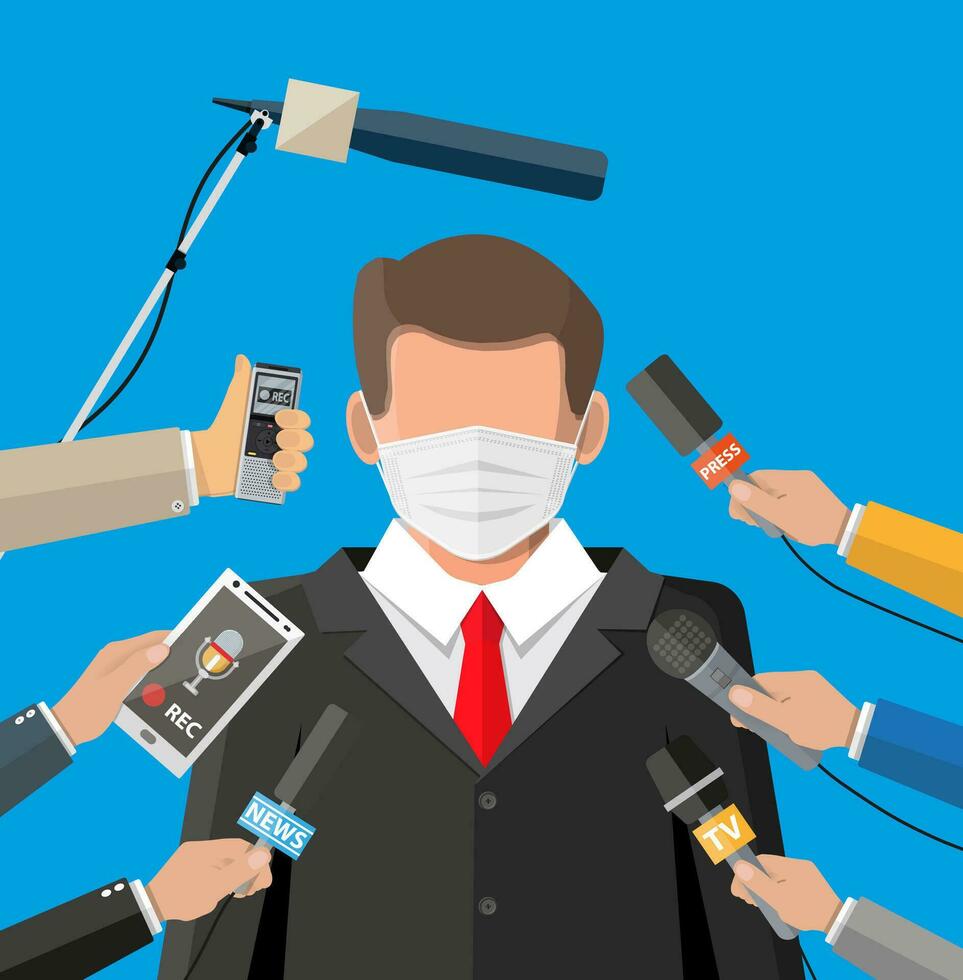 Man with face mask giving speech about coronavirus covid-19 ncov outbreak news. Reporters staff at press conference. Hands of journalists with microphones. Flat vector illustration