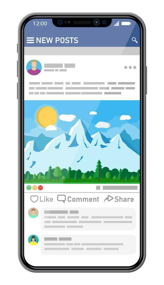 Social network interface template on smartphone screen. News post frames pages on mobile device. Users comment on photo. Social resources application mock up. Vector illustration in flat style