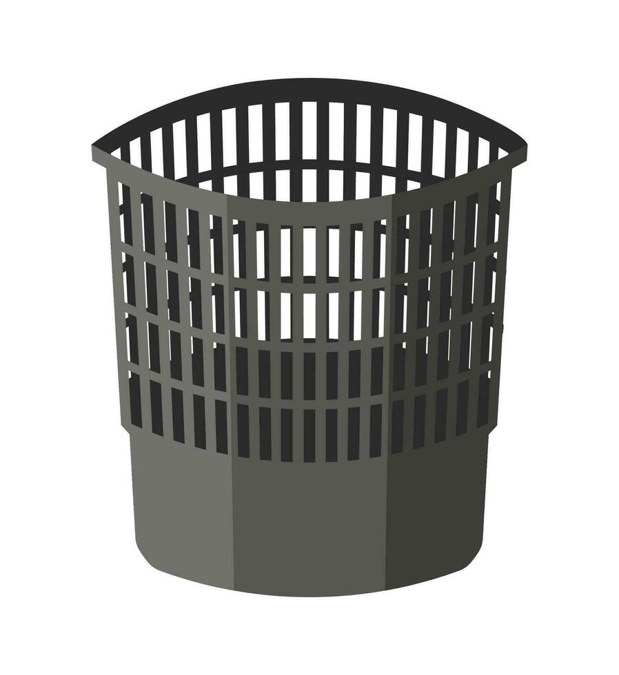 Empty Office Trash Can Isolated on White Background. Paper Bin Bucket Stationery. Black Plastic Wastepaper Basket. Cartoon Flat Vector Illustration