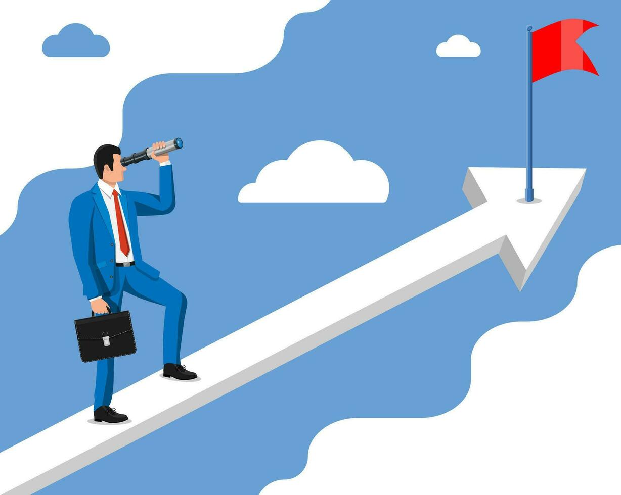 Businessman with briefcase looking for opportunities in spyglass. Business man look up to the target on chart ladder. Success, achievement, business vision career goal. Flat vector illustration