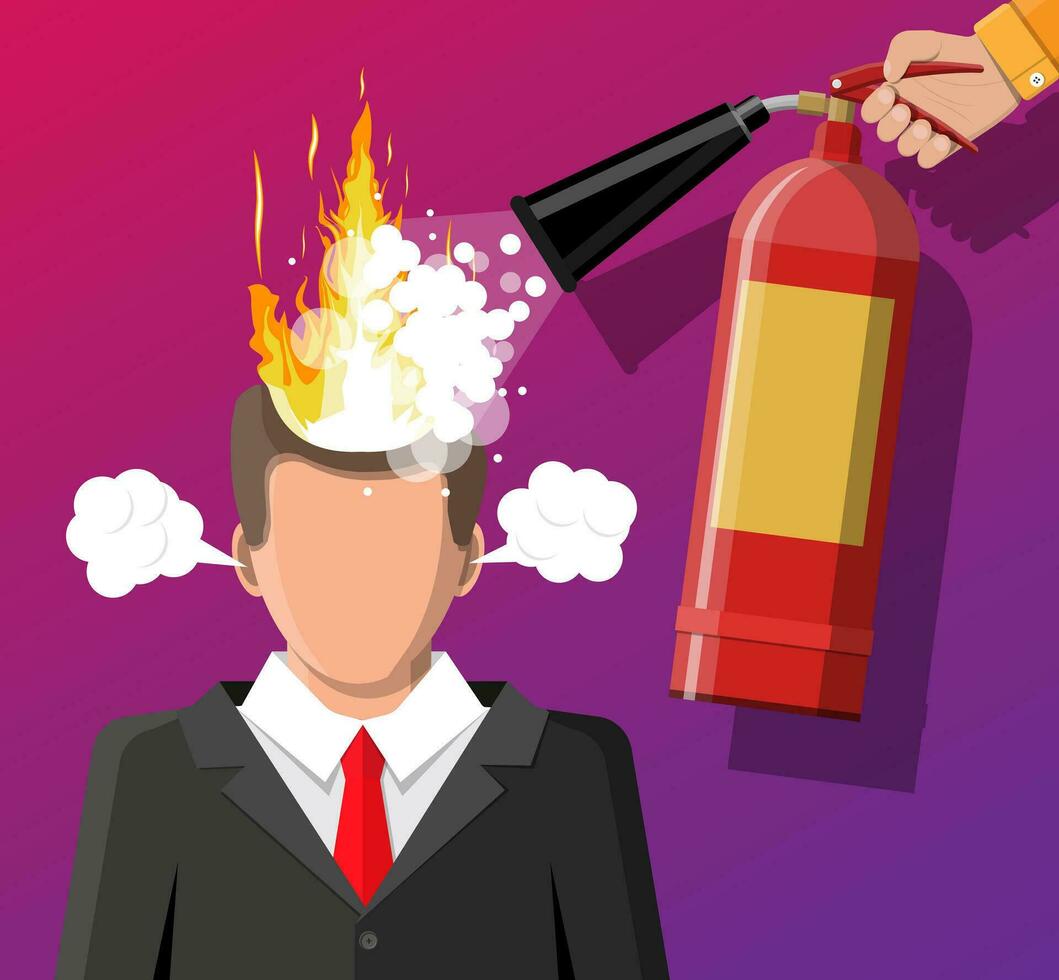 Stressed businessman with hair on fire gets help from man with extinguisher. Overworked man with burning brain, burnt by work. Emotional stress. Man in suit with burning head. Flat vector illustration