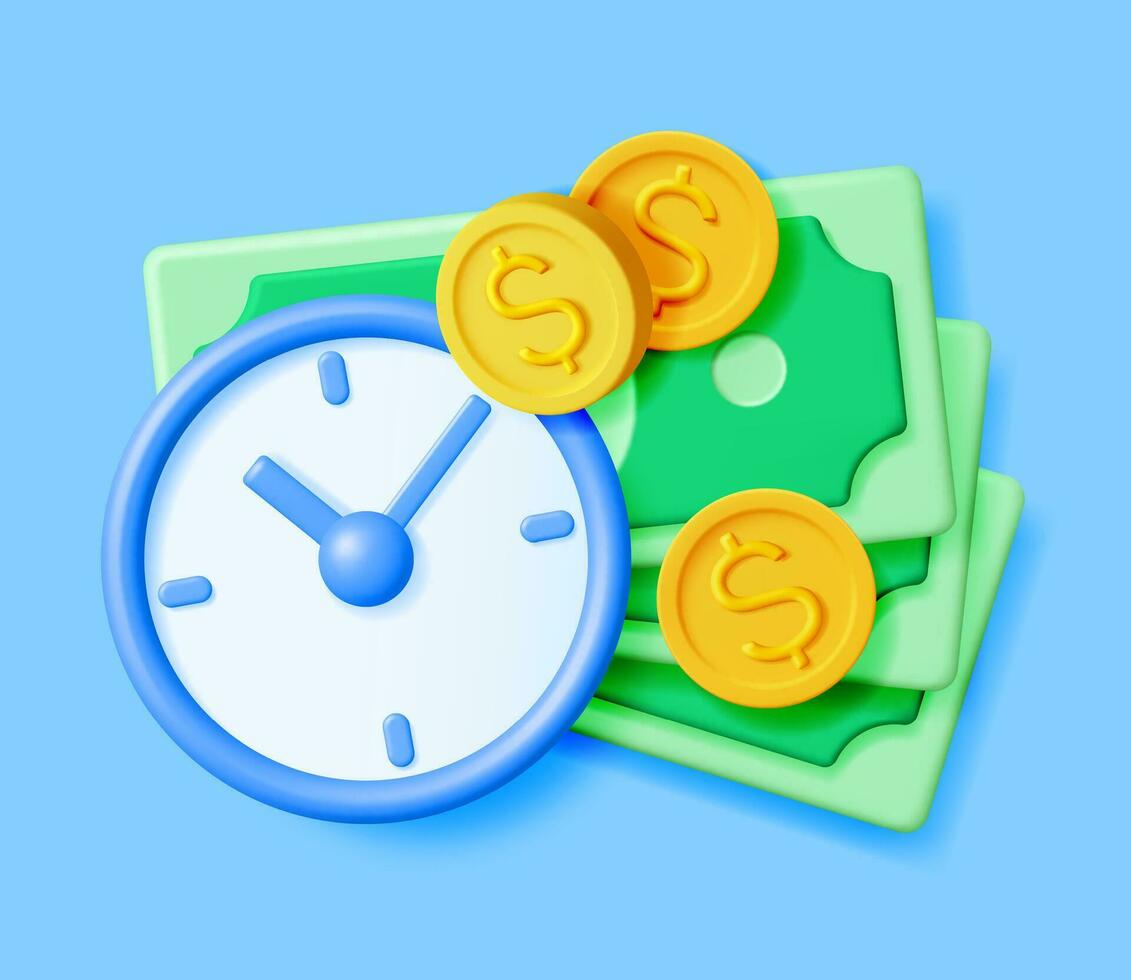 3D Clock with Dollar Banknotes and Coins Isolated. Render Time is Money Concept Annual Revenue, Financial Investment, Savings, Bank Deposit, Future Income, Money Benefit. Vector Illustration