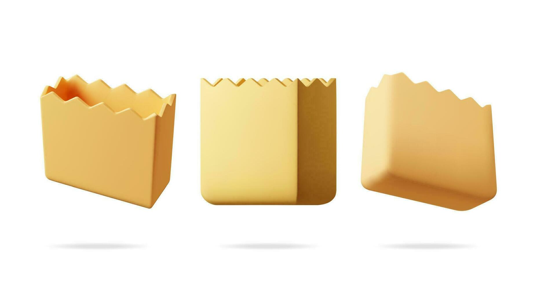 3D Brown Paper Bag from Different Angles Collection Isolated on White. Render Set of Shopping Craft Bag for Food Icon. Cartoon Grocery Empty Paper Package. Realistic Vector illustration