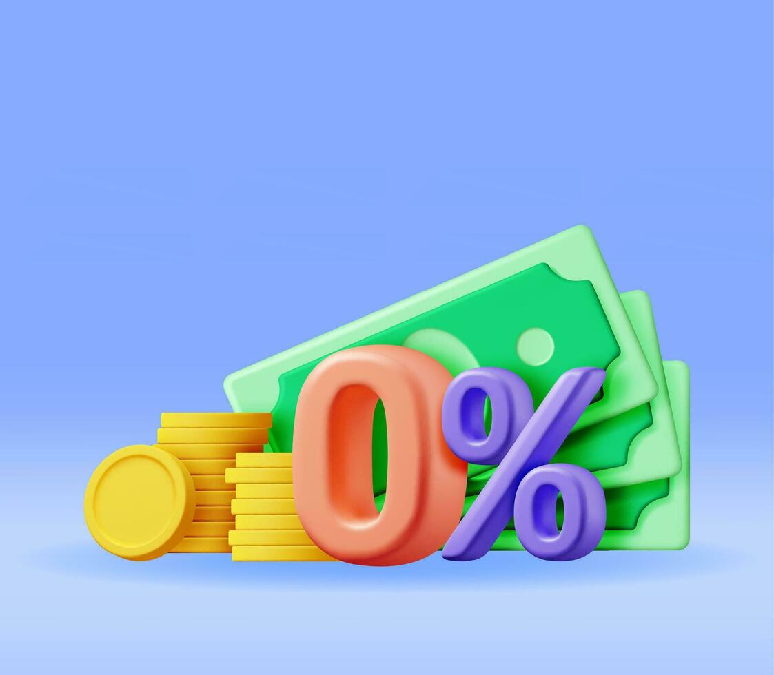 3D Realistic Zero Percent Sign Icon with Cash. Render Money, Finance or Business Concept. Percentage, Sale, Discount, Promotion and Shopping Symbol. Offer Price Tag, Coupon Bonus. Vector Illustration