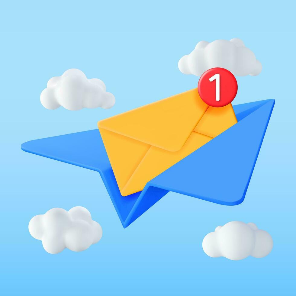 3D Mail Envelope in Paper Plane and Notification Message in Clouds. Paper Letter with Notification Bubble and Airplane. New or Unread Email. Message, Contact, Letter and Document. Vector Illustration