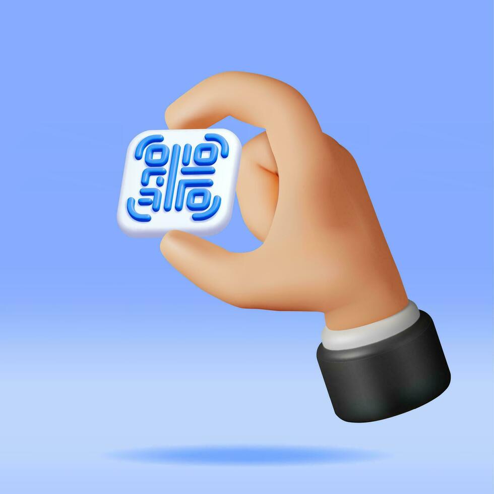 3d QR Code Icon in Hand. Render Modern QR Code Symbol. Concept of Online Shopping. Advertisement, Marketing and Promotion. Scan Code for Verification, Payment or identification. Vector Illustration