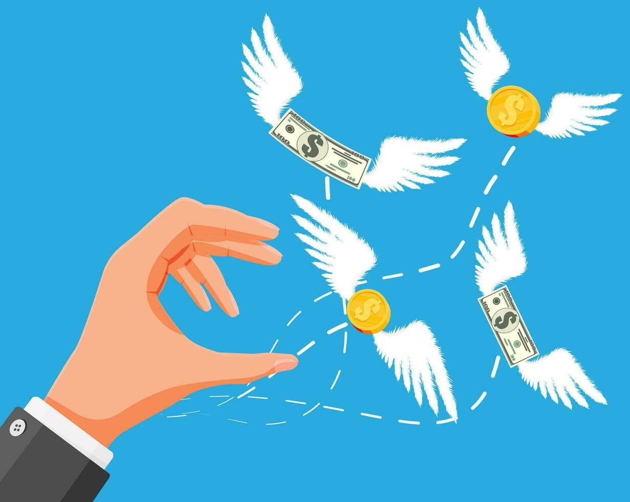 Dollars and coins with wings flying away from hand. No money, poor man. Economy problem or financial crisis, recession, inflation, bankruptcy, income lost, loss of capital. Flat vector illustration