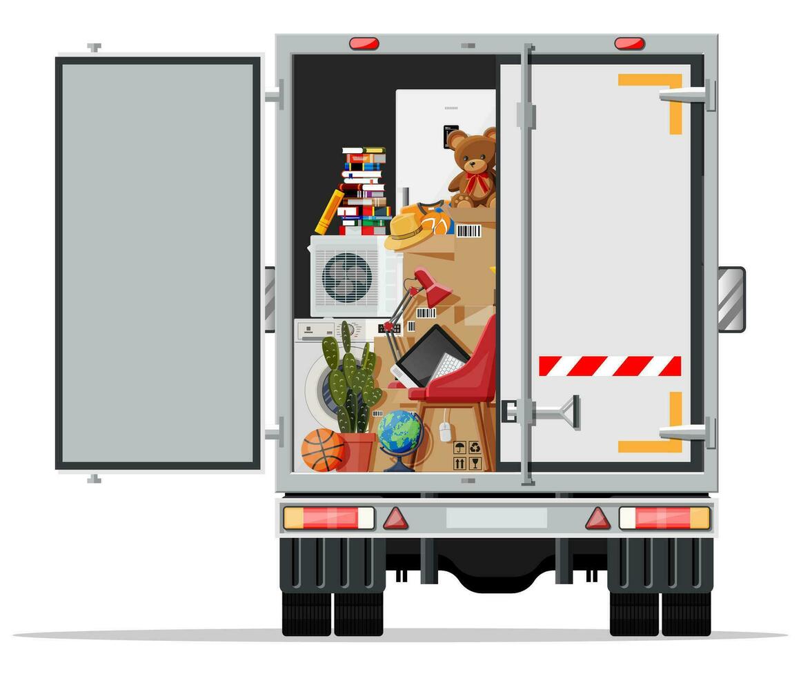 Delivery truck full of home stuff inside. Moving to new house. Family relocated to new home. Boxes with goods. Package transportation. Computer, lamp, clothes, books. Flat vector illustration