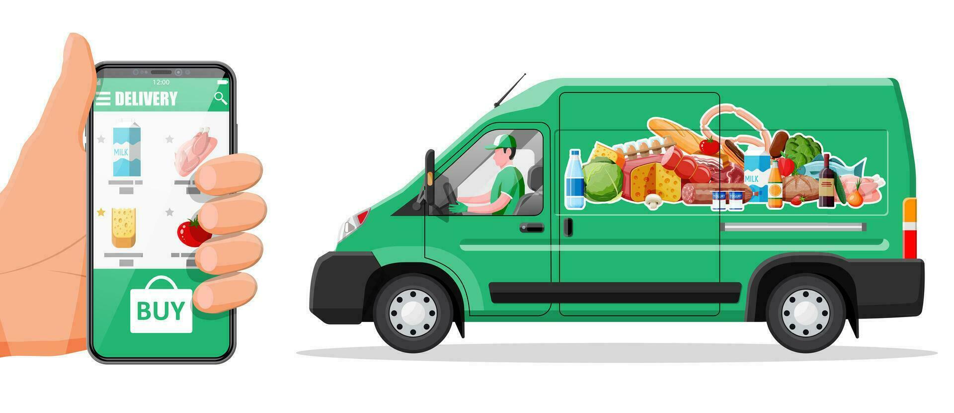 Delivery van full of food and smartphone. Concept of fast grocery delivery service. Supermarket, cafe, restaurant. Groceries products, bread, meat milk fruit vegetable drinks. Flat vector illustration
