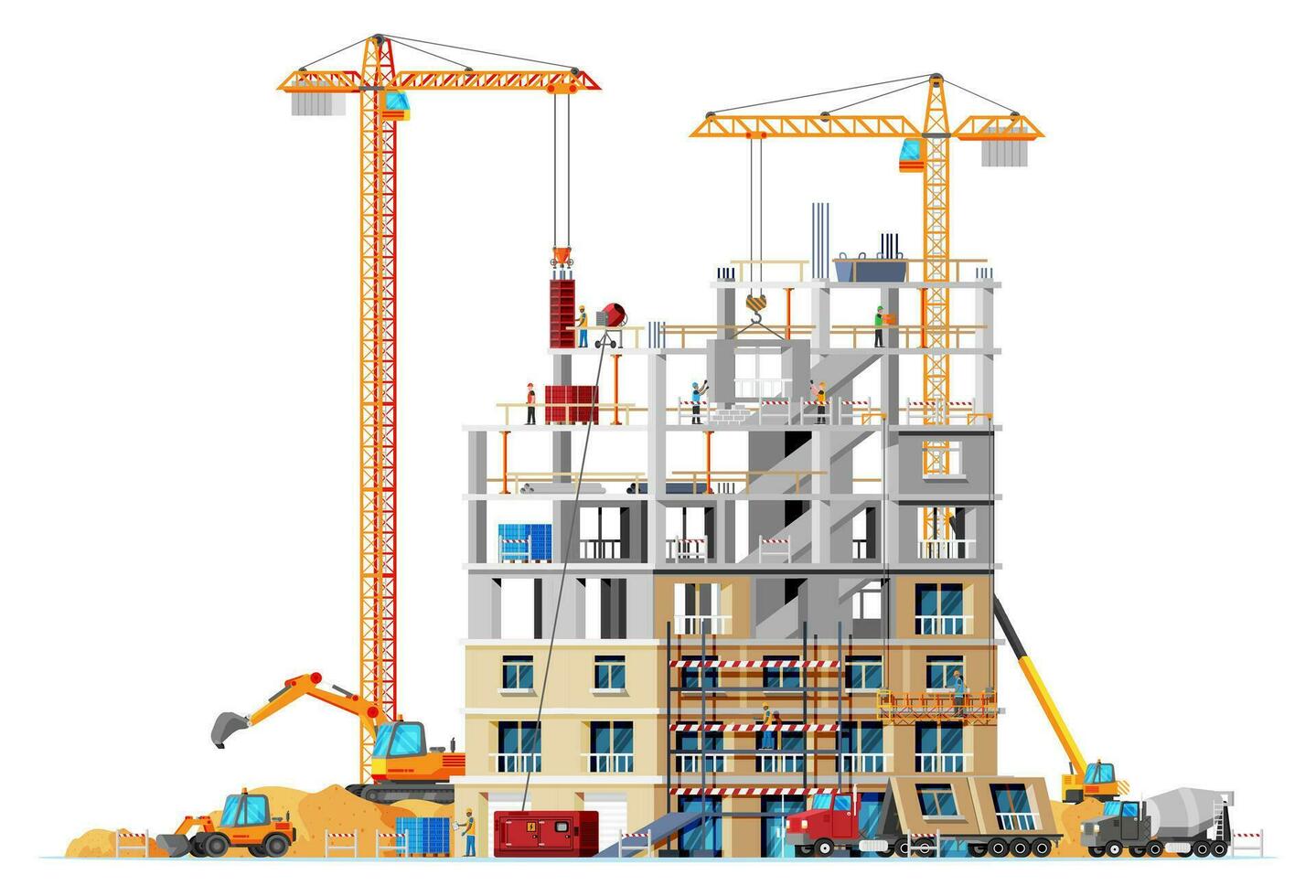 Construction Site Banner. Truck car, Workers, Concrete Piles, Tower Crane. Under Construction Design Background. Building Materials and Equipment. Cartoon Flat Vector Illustration