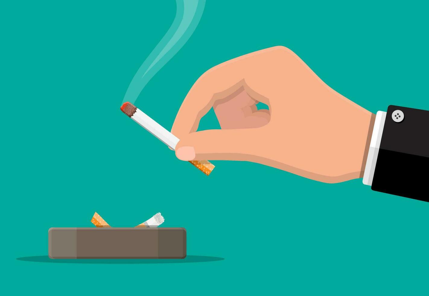 gris cerámico cenicero lleno de fuma cigarrillos vajilla para de fumar. cigarrillo en mano. vector ilustración en plano estilo