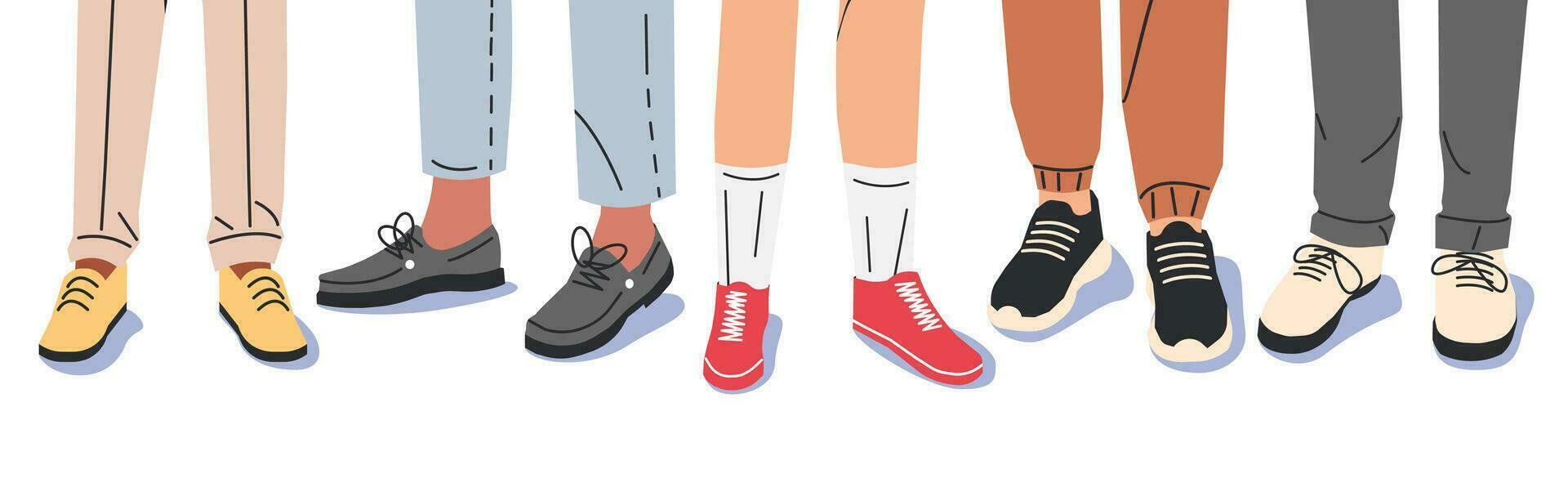 colección de hombre piernas en elegante zapatillas. conjunto de varios masculino Zapatos con pies. botas, zapatillas, bote, Parte superior. hombres calzado. diferente masculino zapatos. dibujos animados plano vector ilustración