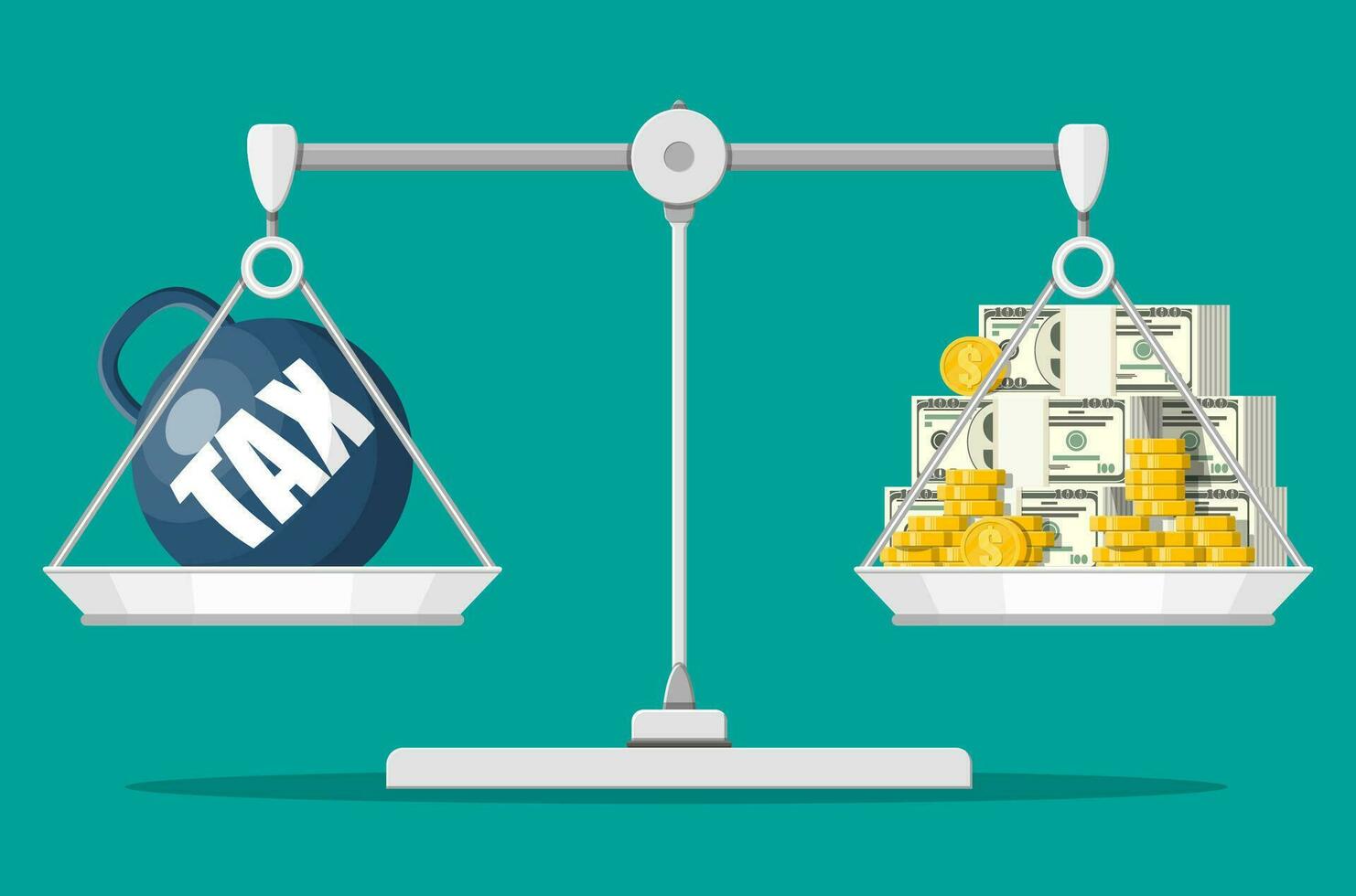 Scales balancing with metal tax weight ball and cash money. Tax burden concept. Debt, fee, crisis and bankruptcy. Vector illustration in flat style