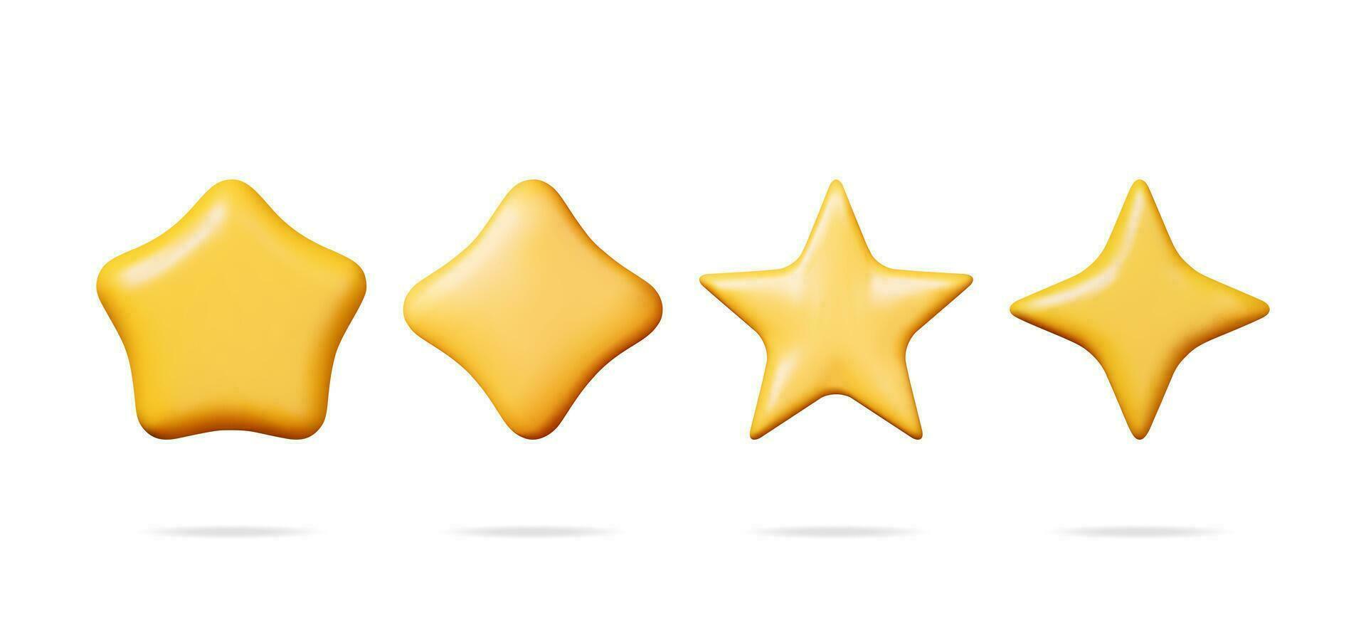 3D Glossy Yellow Star in Different Shapes Isolated. Reviews Round Star Realistic Render Collection. Testimonial Rating, Feedback, Survey, Quality and Review. Achievements or Goal. Vector Illustration