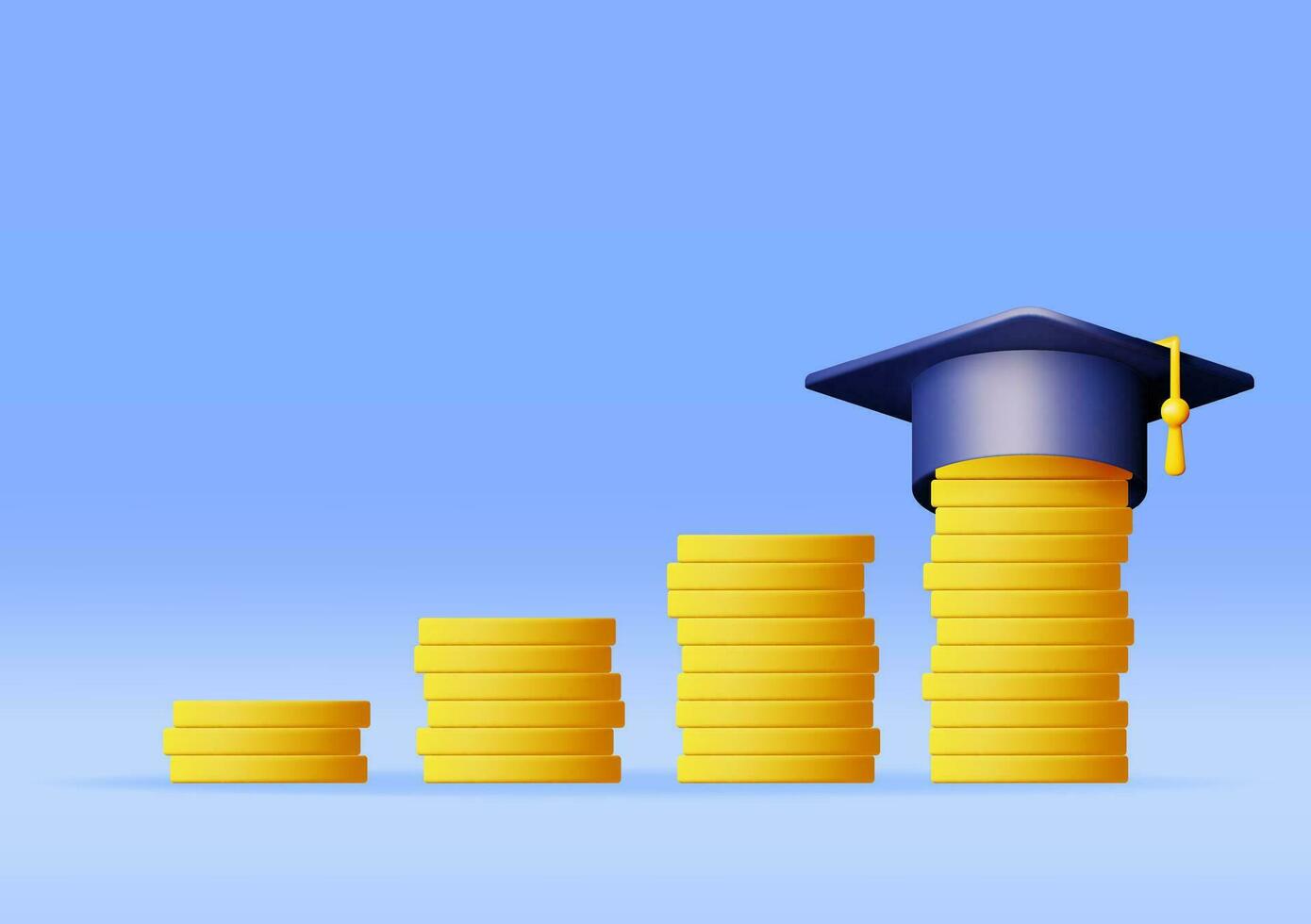 3D Graduation Cap and Gold Coin Stacks Isolated. Render Money for Education, Savings and Investment Concept. Academic and School Knowledge. Realistic Vector Illustration