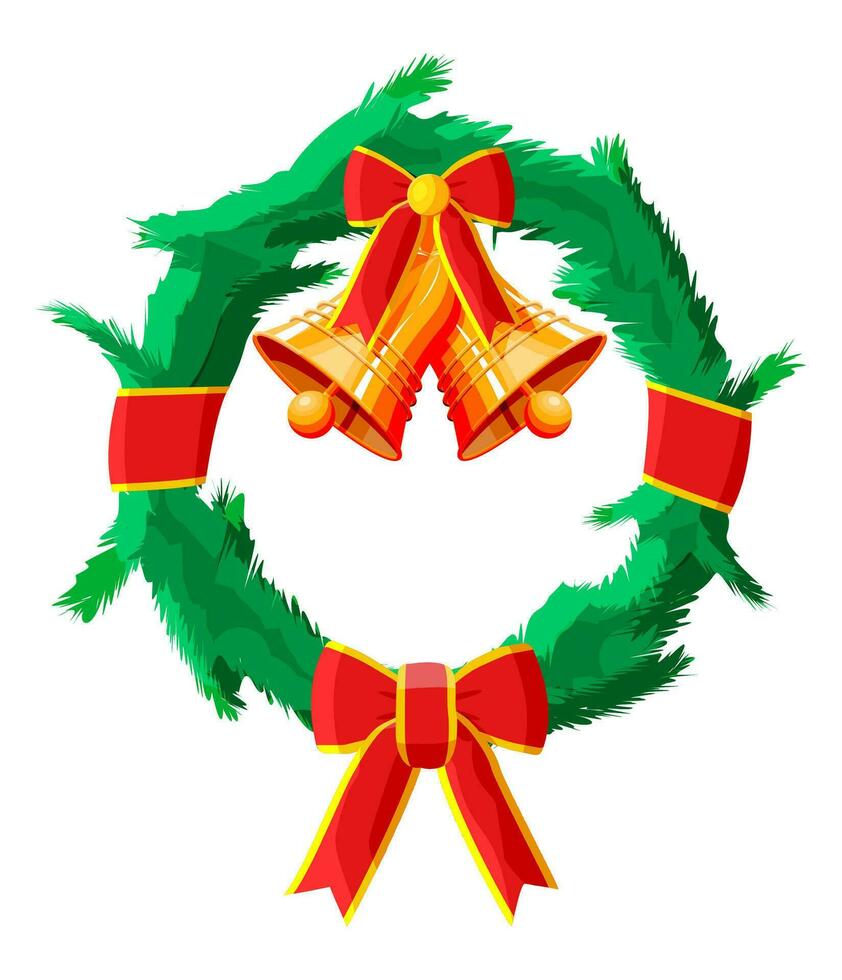 Navidad guirnalda con rojo arco y oro campana aislado. hojas perennes árbol, abeto sucursales. contento nuevo año decoración. alegre Navidad día festivo. nuevo año y Navidad celebracion. vector ilustración en plano estilo