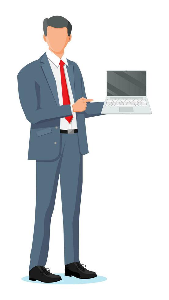Business man holding laptop and pointing finger. Concept of working on computer. Businessman using notebook. Male character with mobile device. Flat vector illustration