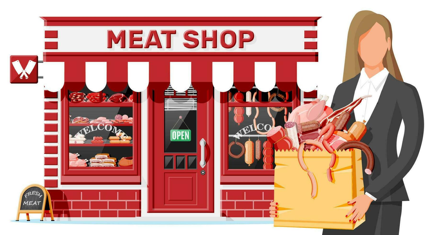 Butcher shop store facade with woman customer. Meat street market. Meat store stall showcase counter. Sausage slices delicatessen gastronomic product of beef pork chicken. Flat vector illustration