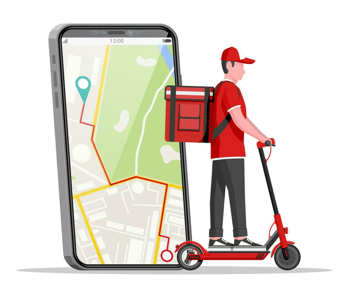 teléfono inteligente con aplicación y hombre montando eléctrico scooter con caja. concepto de rápido entrega en el ciudad. masculino mensajero con paquete o empaquetar caja en su espalda con bienes y productos dibujos animados plano vector ilustración