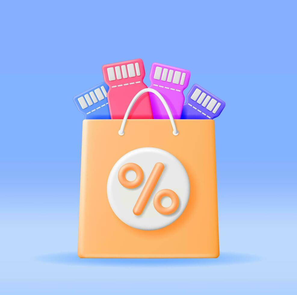 3D Shopping Bag with Percent Sign and Discount Coupon Isolated. Render Realistic Gift Bag. Sale, Discount or Clearance Concept. Online or Retail Shopping Symbol. Fashion Handbag. Vector Illustration