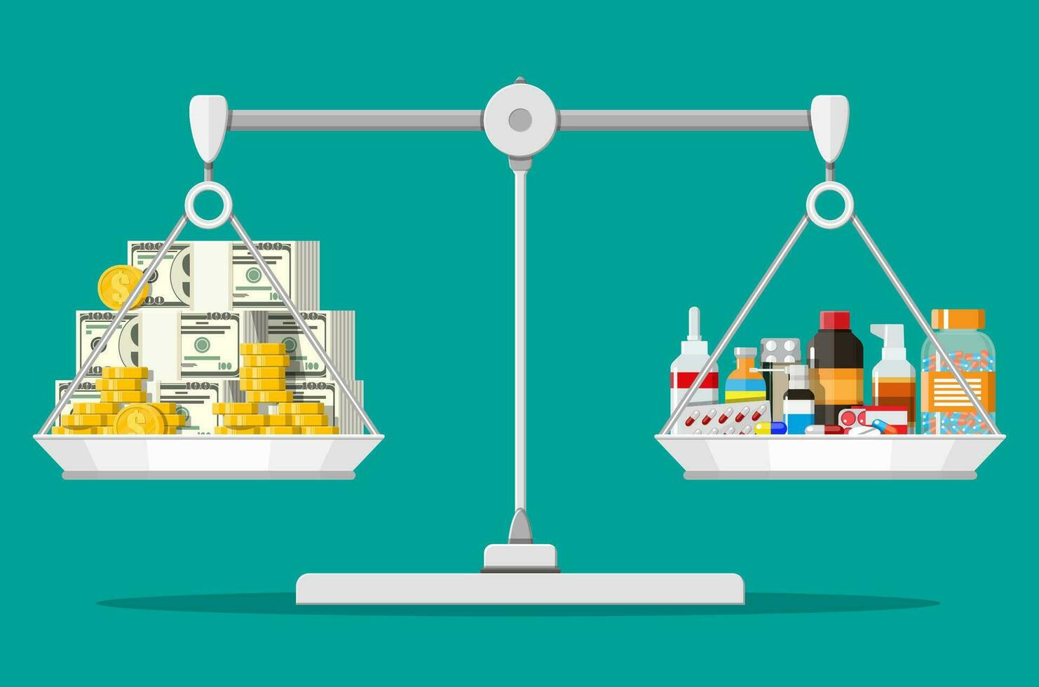 Balance scales with pile of money and bottles of drugs and pills. Health insurance and healthcare. Buying and selling drugs. Pharmacy shop. Vector illustration in flat style