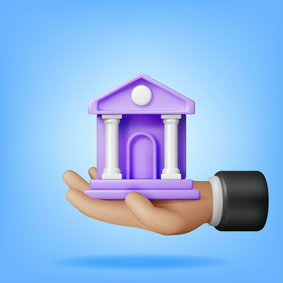 3D Bank Building in Hand Isolated. Render Financial House Icon. Construction with Columns in Ancient Design. Money Deposit and Withdrawal, Financial Transactions Service Banking. Vector Illustration