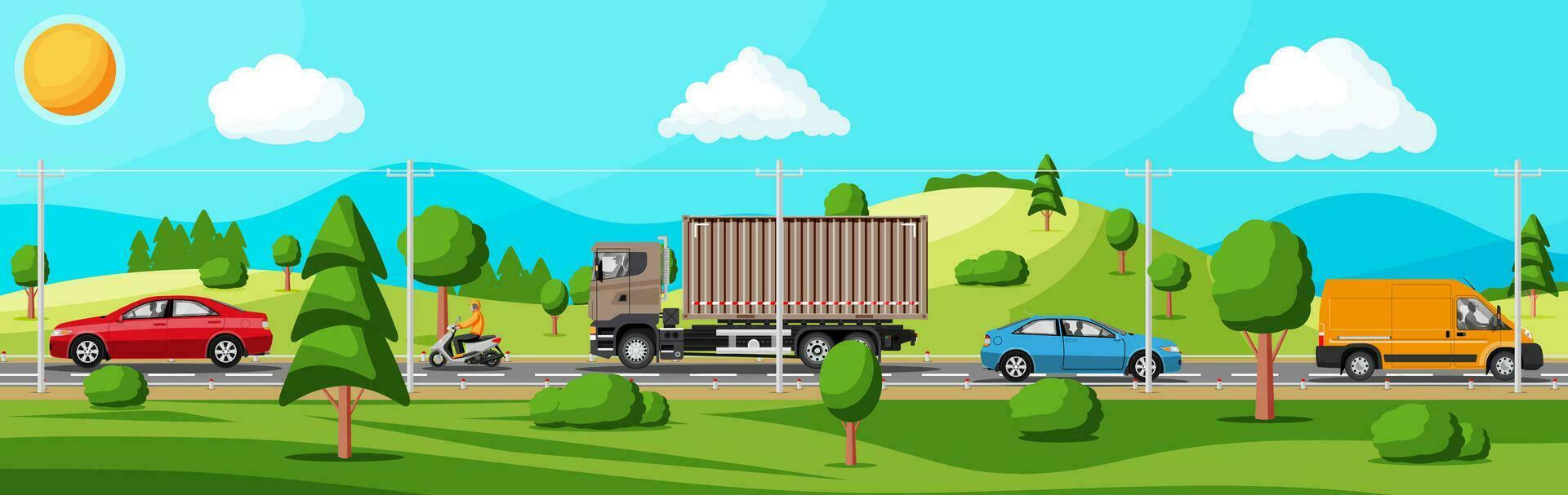 Suburb Road With Cargo Truck Trailer, Cars, Van And Motorbike. Road Over Hills And Forest Landscape. Suburban Transportation And Cargo. Flat Vector Illustration