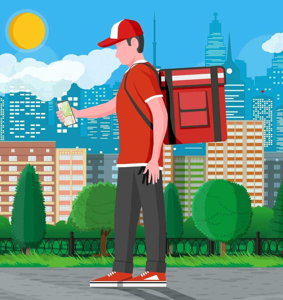 mensajero en rojo uniforme recepción el en línea orden en teléfono. hombre con caja. personaje con mochila parcela. gratis y rápido Envío y entrega, en línea orden. vector ilustración en plano estilo