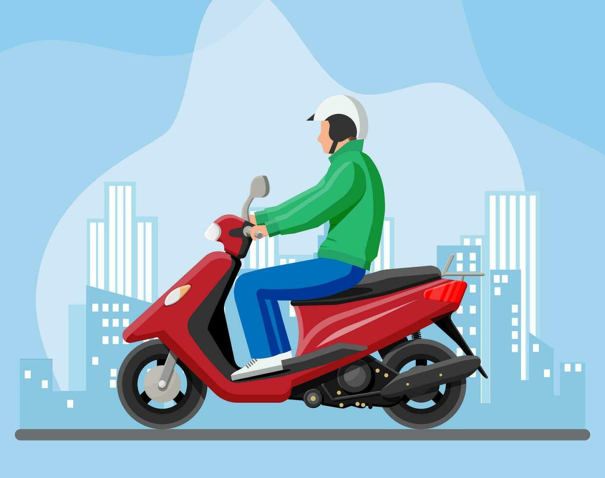 Man on motor scooter. Urban vehicle, city transportation. Guy drive modern motorbike. Cityscape with buildings and road. Cartoon flat vector illustration.