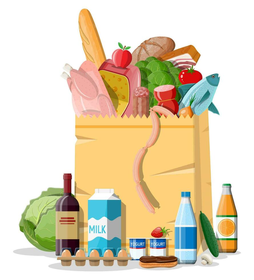 Shopping paper bag with fresh products. Grocery store, supermarket. Food and drinks. Milk, vegetables, meat, chicken cheese, sausages, salad, bread cereal steak egg. Vector illustration flat style