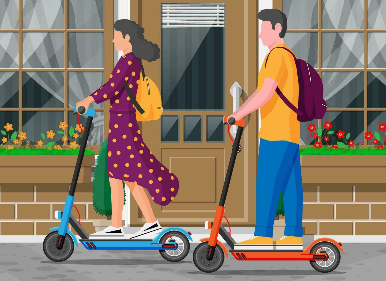 Young woman and man on kick scooter. Girl and guy with backpack rolling on electric scooter. Hipster character uses modern urban transport. Ecological city transportation. Flat vector illustration