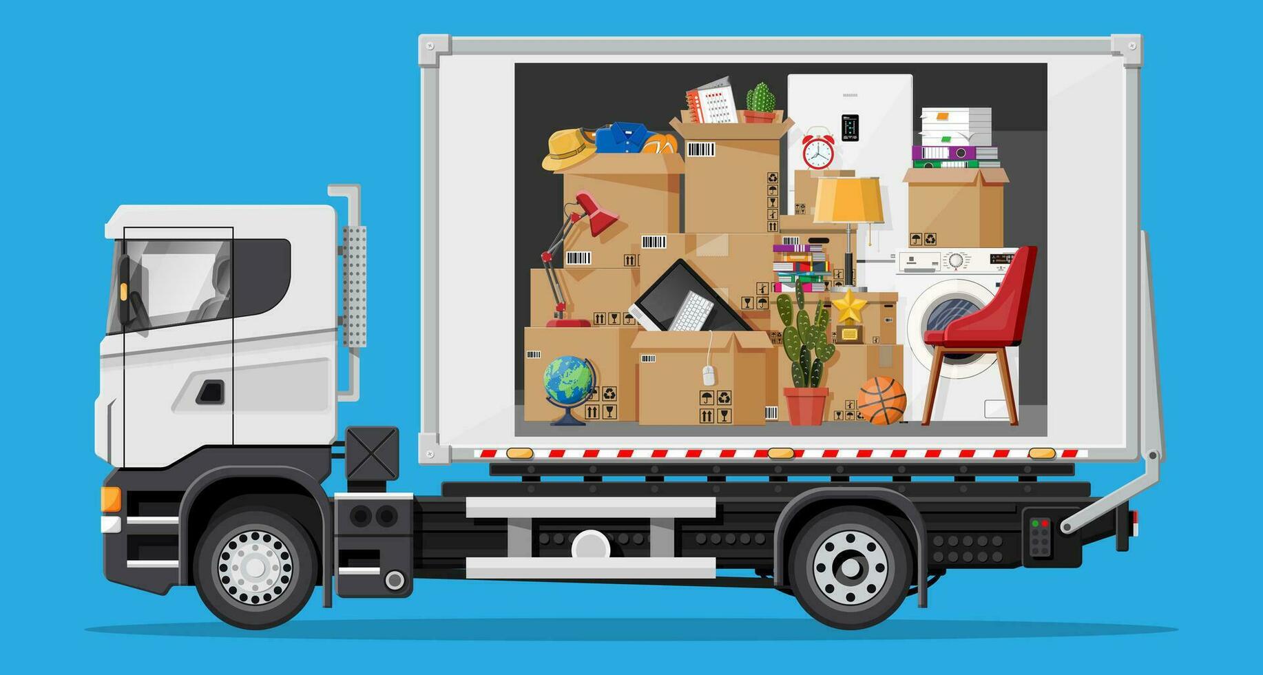 Delivery truck full of home stuff inside. Moving to new house. Family relocated to new home. Boxes with goods. Package transportation. Computer, lamp, clothes, books. Flat vector illustration