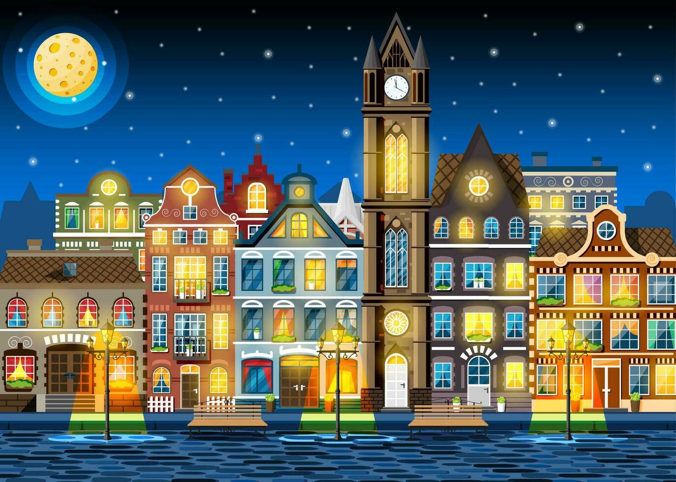 Traditional European Town in Night. Old City Street with Lamp and Paving Stones Road. Medieval Urban Landscape. Street with Colorful Houses in Different Architectural Styles. Flat Vector Illustration