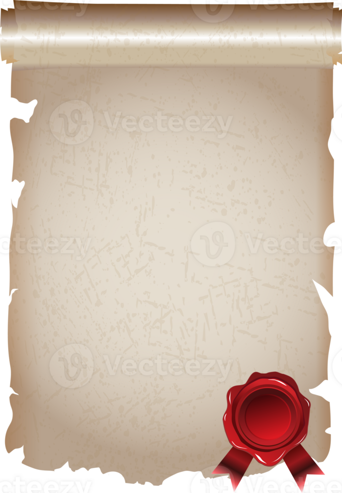 Historical paper scroll document with wax seal. png