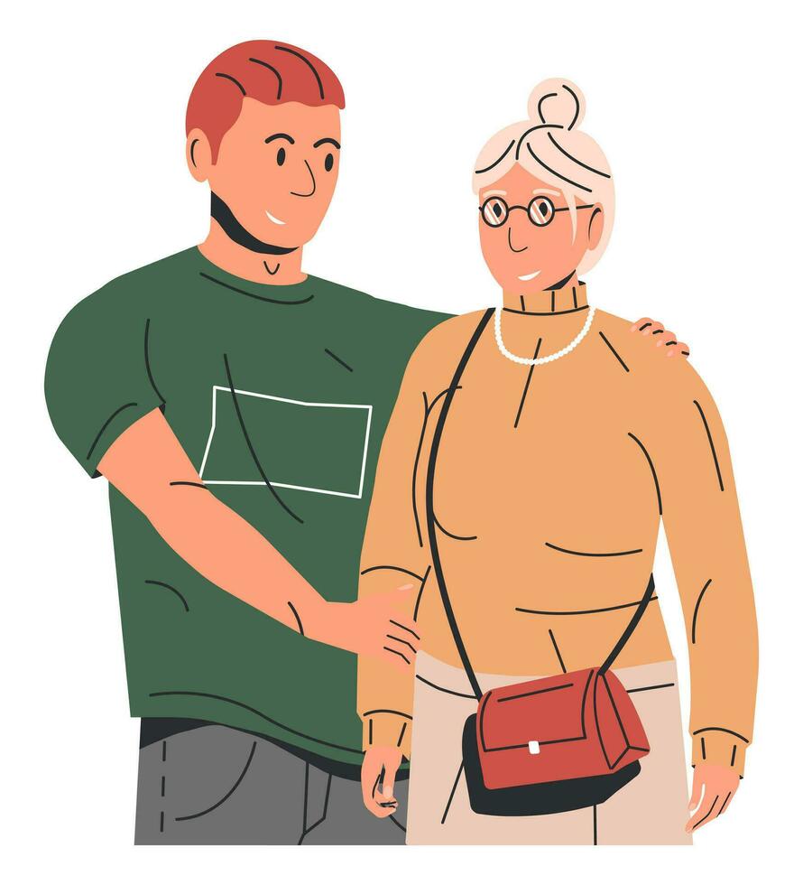 adulto hijo abrazando antiguo madre aislado. mayor madre o abuela con hijo o nieto. joven hombre abrazando su abuela. contento familia relación concepto. dibujos animados plano vector ilustración