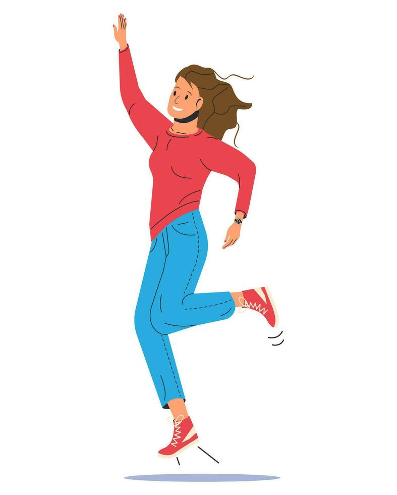 Happy Woman in Casual Clothes Jumping Isolated. Young Smiling Jumping Female Character. Girl Jump with Hands Up. Lady Rejoicing or Celebrating, Positive Emotions or Success. Flat Vector Illustration