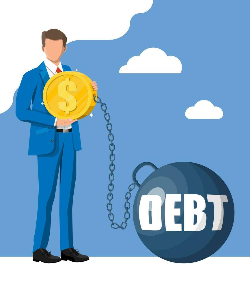 Businessman chained to big heavy debt weight with shackles. Character tied by chain to large dumbbell. Business man corporate slavery. Tax, debt, fee, crisis and bankruptcy. Flat vector illustration