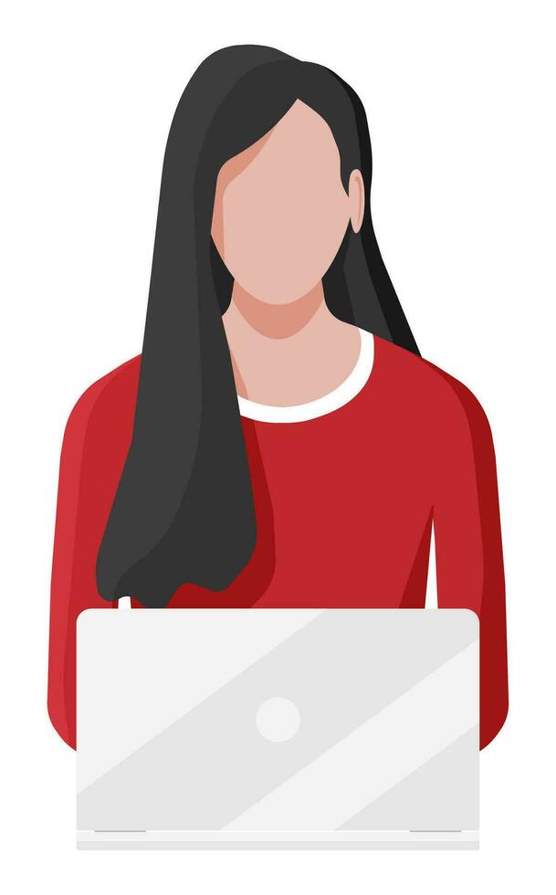 persona de libre dedicación niña trabajos a hogar. hembra personaje con cuaderno computadora. joven mujer con ordenador portátil. remoto trabajo en línea educación, social medios de comunicación y SEO plano vector ilustración