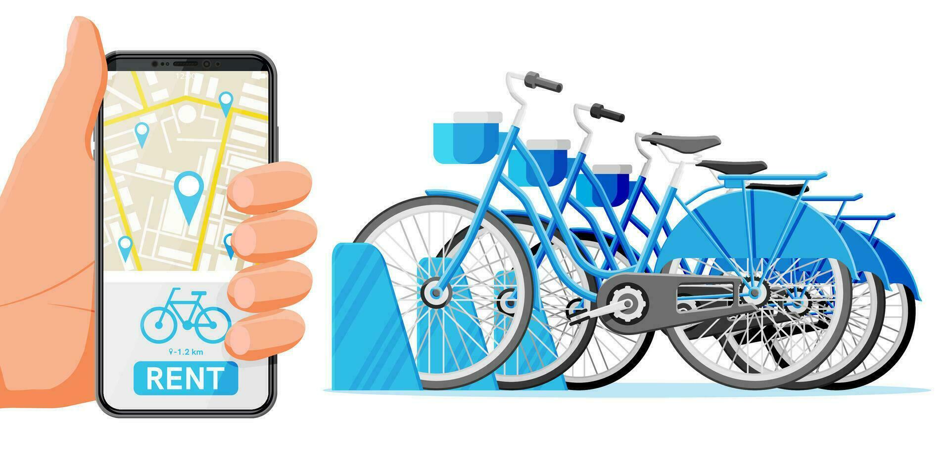 City Bicycle Sharing System Isolated on White. Bike Stand with Rental Bicycles. Bike on Docking Station and Smartphone. Urban Transportation Smart Service. Cartoon Flat Vector Illustration