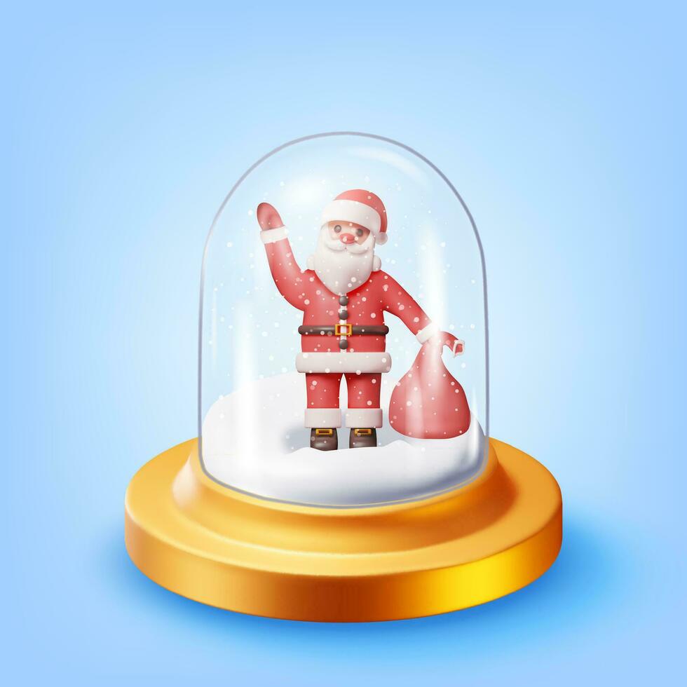 3D Glass Christmas Snow Globe with Santa Claus Isolated. Render Sphere Podium with Santa Claus. New Year Decoration. Merry Christmas Holiday. Xmas Celebration. Realistic Vector Illustration