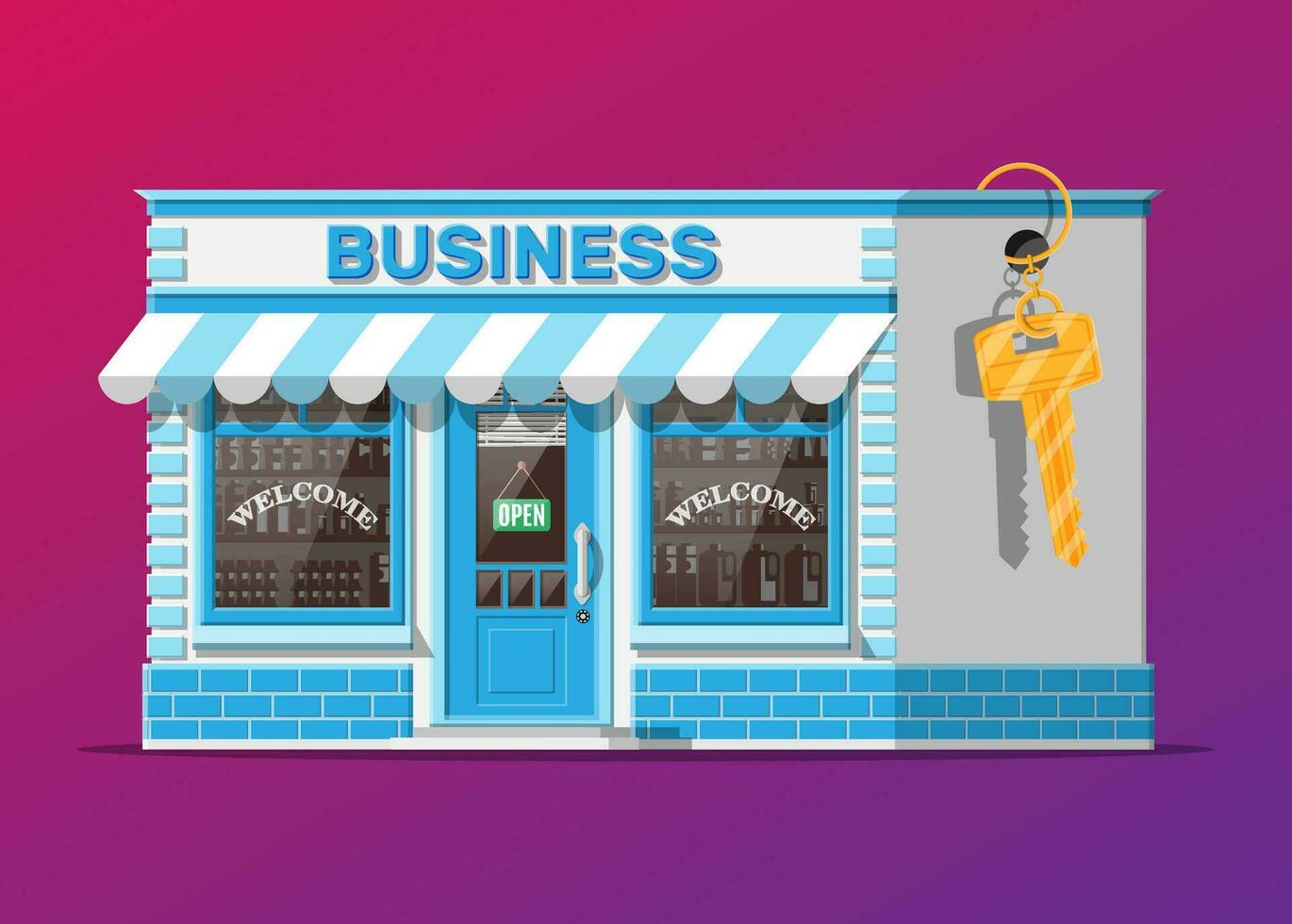 Shop building or commercial property with key. Real estate business promotional, startup. Selling or buying new business. Small european style shop exterior. Flat vector illustration