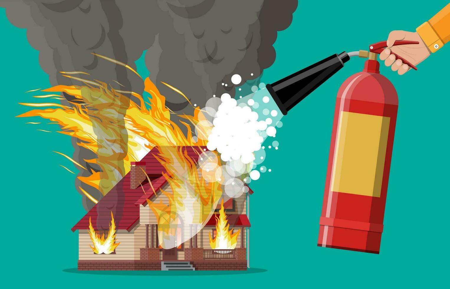 Wooden house burns fire in cottage. Extinguish fire in home. Fireman hand with fire extinguisher. Orange flames, black smoke with sparks. Property insurance. Natural disaster. Flat vector illustration